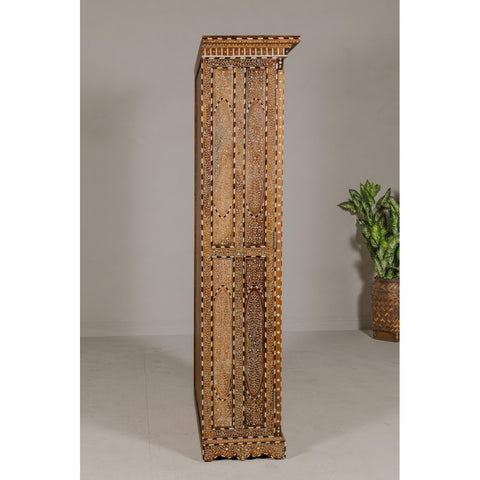 Anglo-Indian Style Mango Wood Tall Armoire with Floral Themed Bone Inlay-YN8037-14. Asian & Chinese Furniture, Art, Antiques, Vintage Home Décor for sale at FEA Home