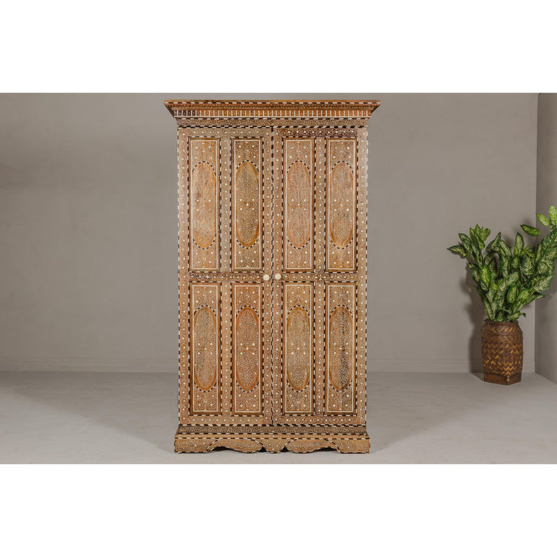 Anglo-Indian Style Mango Wood Tall Armoire with Floral Themed Bone Inlay-YN8037-2. Asian & Chinese Furniture, Art, Antiques, Vintage Home Décor for sale at FEA Home