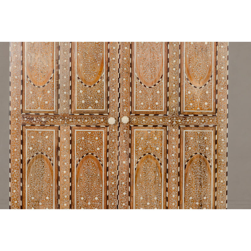 Anglo-Indian Style Mango Wood Tall Armoire with Floral Themed Bone Inlay-YN8037-4. Asian & Chinese Furniture, Art, Antiques, Vintage Home Décor for sale at FEA Home