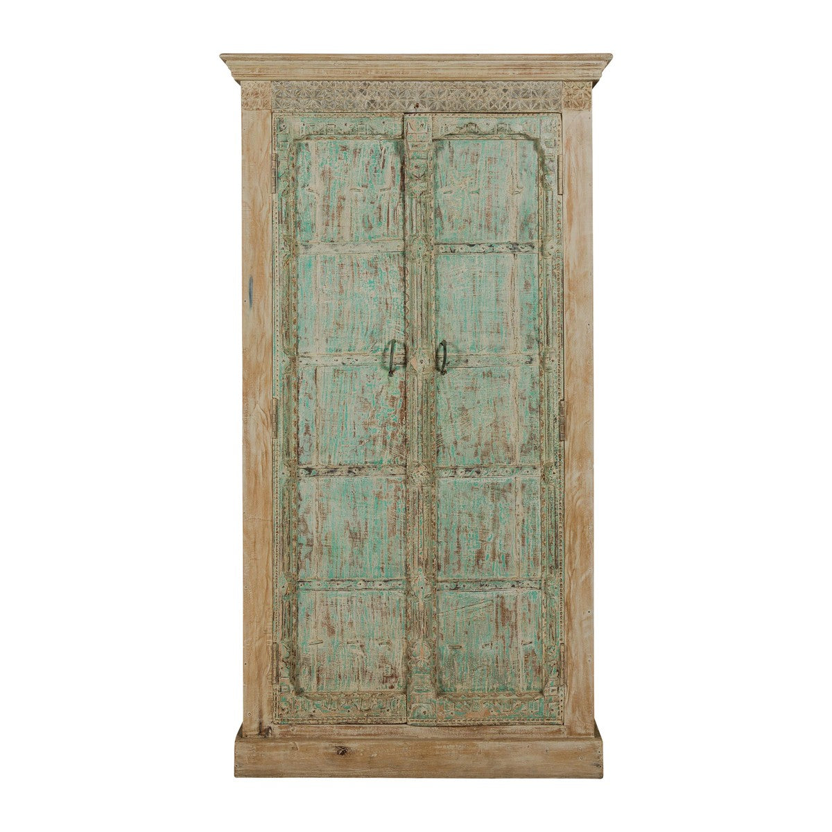 Reclaimed Wood Almirah Armoire with Weathered Green Patina and Three Shelves-1. Asian & Chinese Furniture, Art, Antiques, Vintage Home Décor for sale at FEA Home