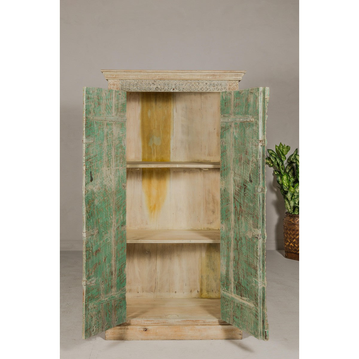Reclaimed Wood Almirah Armoire with Weathered Green Patina and Three Shelves-14. Asian &amp; Chinese Furniture, Art, Antiques, Vintage Home Décor for sale at FEA Home