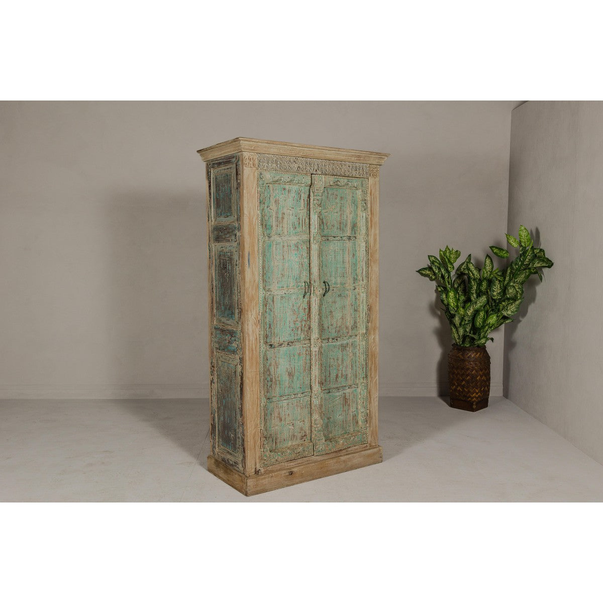 Reclaimed Wood Almirah Armoire with Weathered Green Patina and Three Shelves-15. Asian &amp; Chinese Furniture, Art, Antiques, Vintage Home Décor for sale at FEA Home