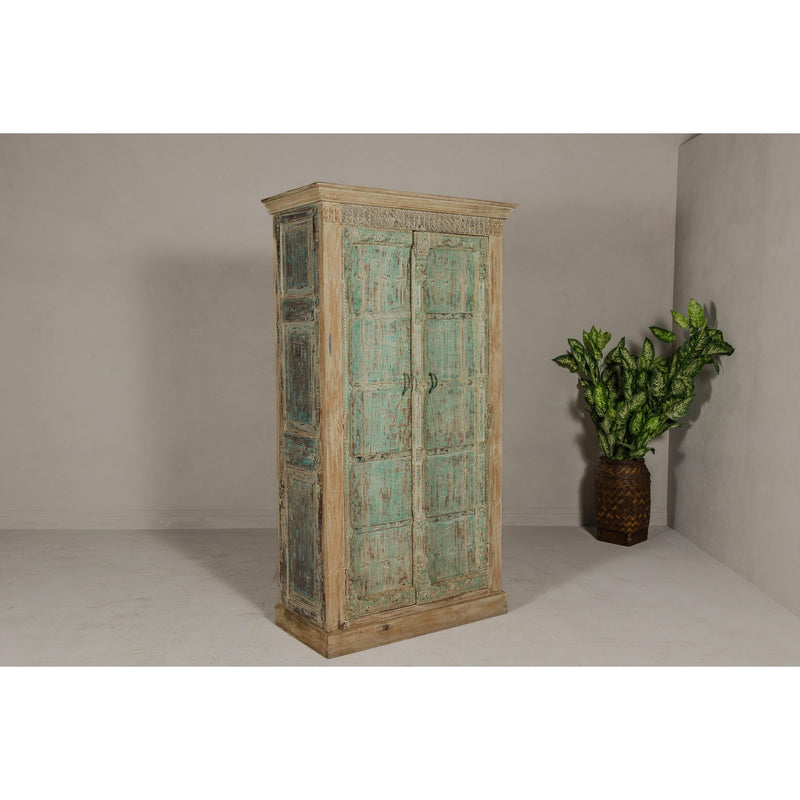 Reclaimed Wood Almirah Armoire with Weathered Green Patina and Three Shelves-YN8038-15. Asian & Chinese Furniture, Art, Antiques, Vintage Home Décor for sale at FEA Home