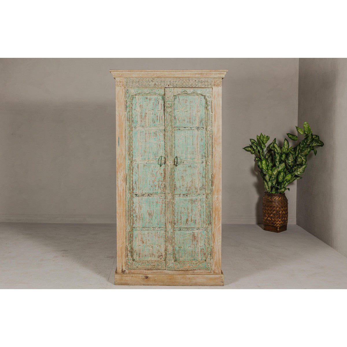 Reclaimed Wood Almirah Armoire with Weathered Green Patina and Three Shelves-2. Asian & Chinese Furniture, Art, Antiques, Vintage Home Décor for sale at FEA Home