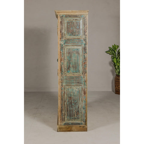 Reclaimed Wood Almirah Armoire with Weathered Green Patina and Three Shelves-YN8038-20. Asian & Chinese Furniture, Art, Antiques, Vintage Home Décor for sale at FEA Home