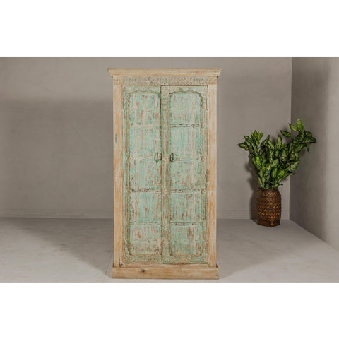Reclaimed Wood Almirah Armoire with Weathered Green Patina and Three Shelves-YN8038-2. Asian & Chinese Furniture, Art, Antiques, Vintage Home Décor for sale at FEA Home