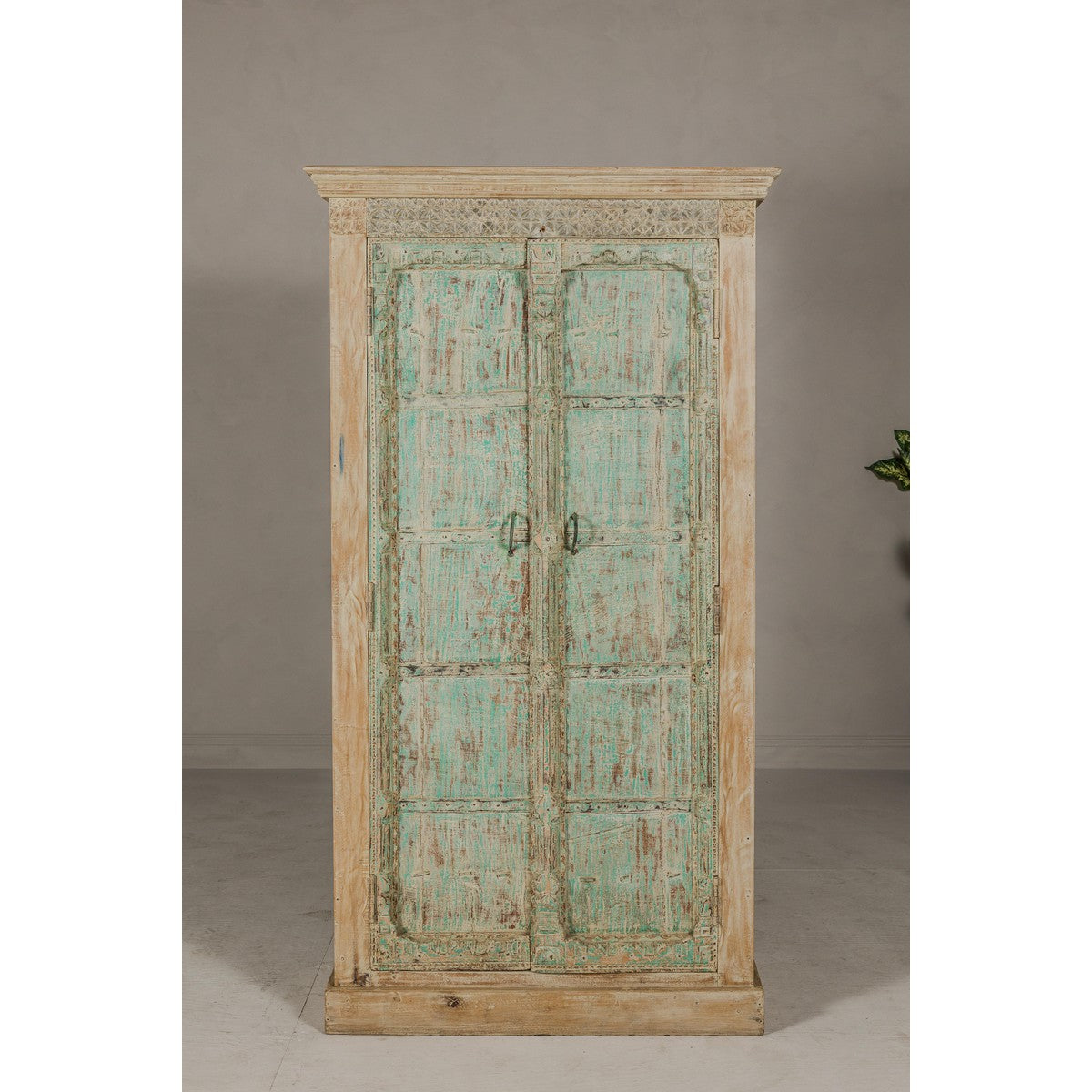 Reclaimed Wood Almirah Armoire with Weathered Green Patina and Three Shelves-3. Asian &amp; Chinese Furniture, Art, Antiques, Vintage Home Décor for sale at FEA Home