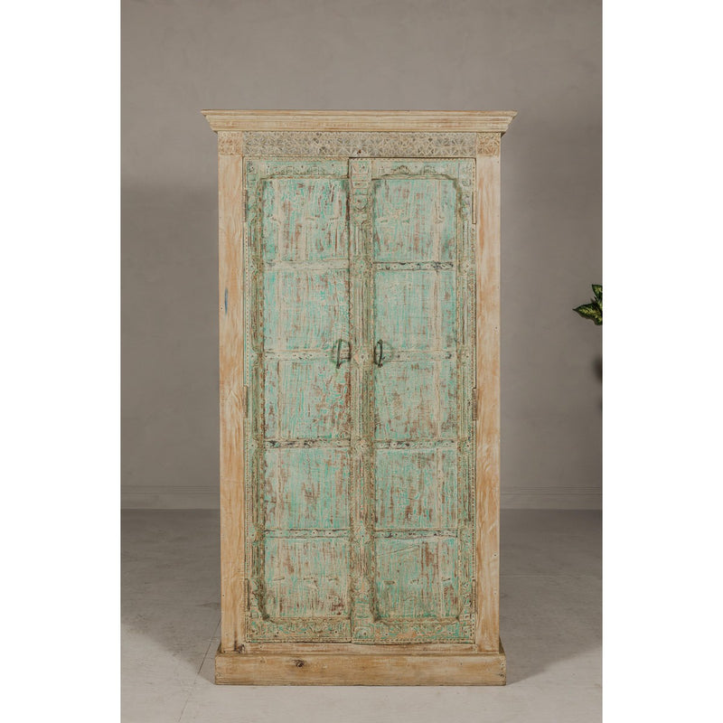 Reclaimed Wood Almirah Armoire with Weathered Green Patina and Three Shelves-YN8038-3. Asian & Chinese Furniture, Art, Antiques, Vintage Home Décor for sale at FEA Home