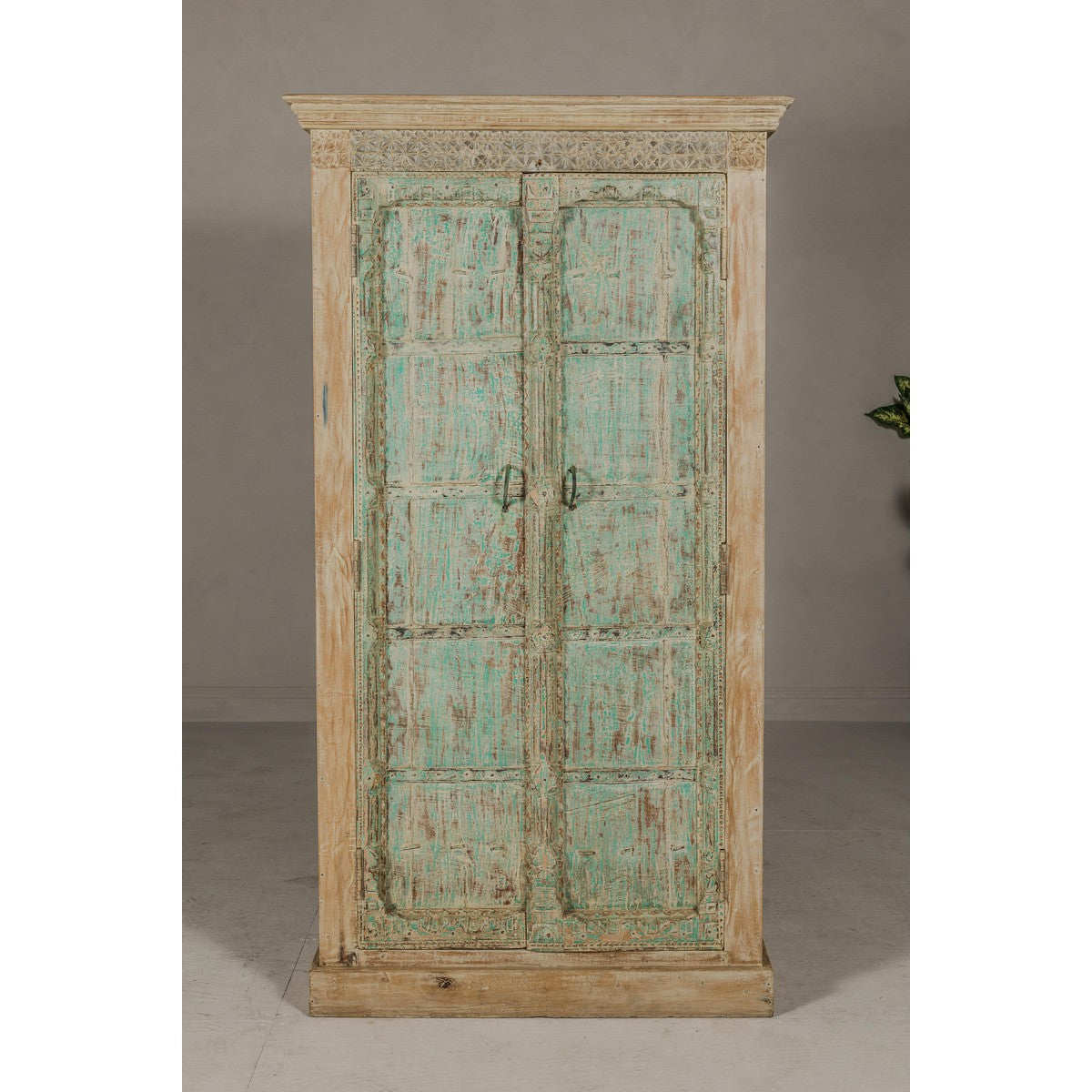 Reclaimed Wood Almirah Armoire with Weathered Green Patina and Three Shelves-4. Asian &amp; Chinese Furniture, Art, Antiques, Vintage Home Décor for sale at FEA Home