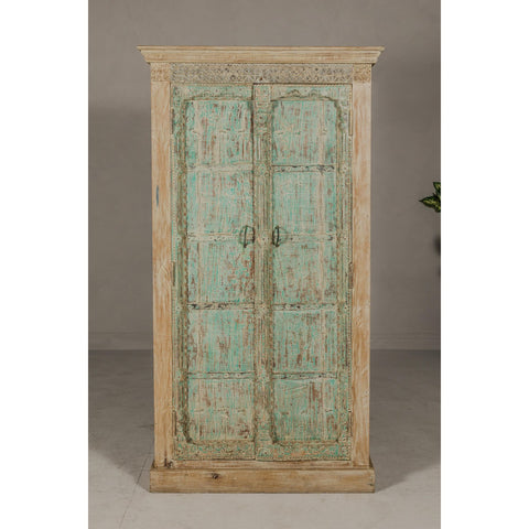 Reclaimed Wood Almirah Armoire with Weathered Green Patina and Three Shelves-YN8038-4. Asian & Chinese Furniture, Art, Antiques, Vintage Home Décor for sale at FEA Home