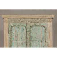 Reclaimed Wood Almirah Armoire with Weathered Green Patina and Three Shelves
