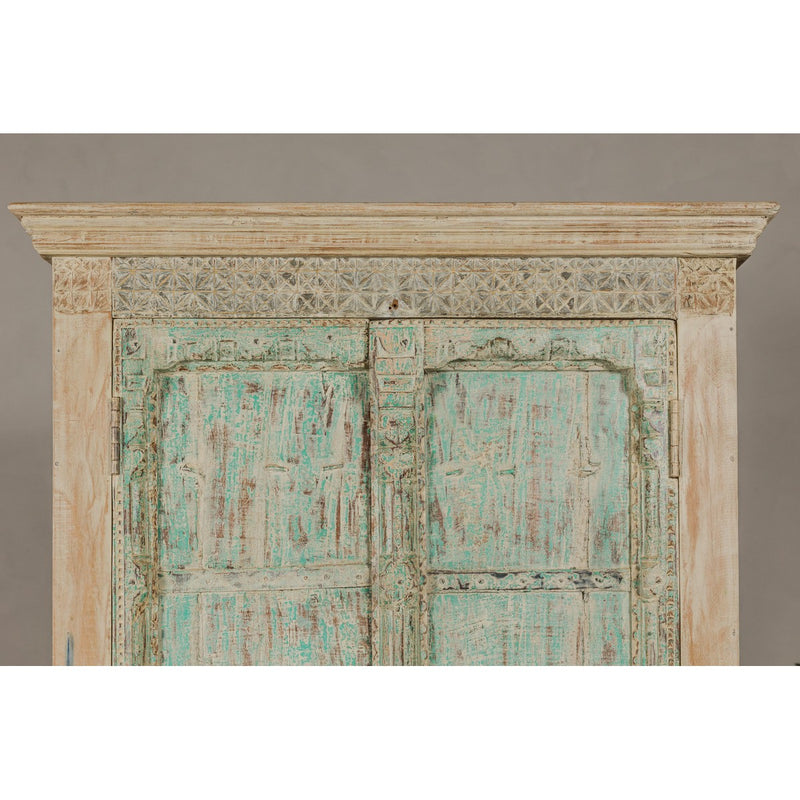 Reclaimed Wood Almirah Armoire with Weathered Green Patina and Three Shelves-YN8038-5. Asian & Chinese Furniture, Art, Antiques, Vintage Home Décor for sale at FEA Home