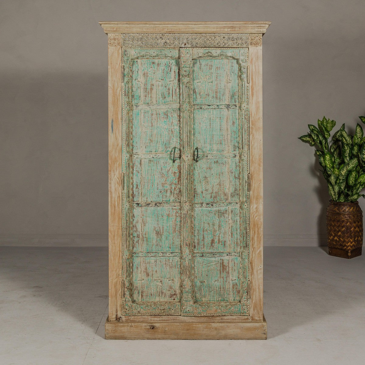 Reclaimed Wood Almirah Armoire with Weathered Green Patina and Three Shelves-6. Asian &amp; Chinese Furniture, Art, Antiques, Vintage Home Décor for sale at FEA Home