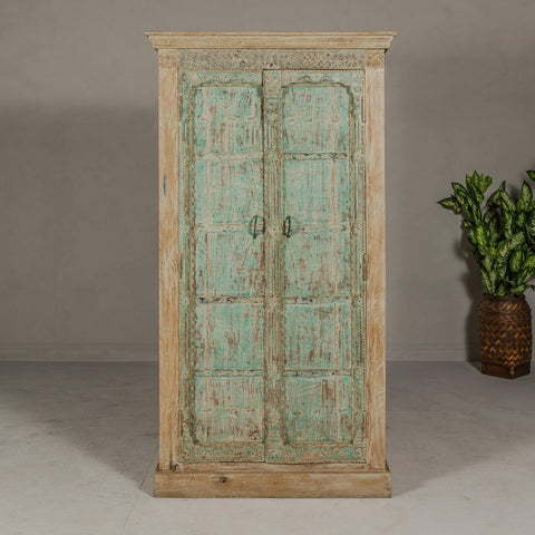 Reclaimed Wood Almirah Armoire with Weathered Green Patina and Three Shelves-YN8038-6. Asian & Chinese Furniture, Art, Antiques, Vintage Home Décor for sale at FEA Home