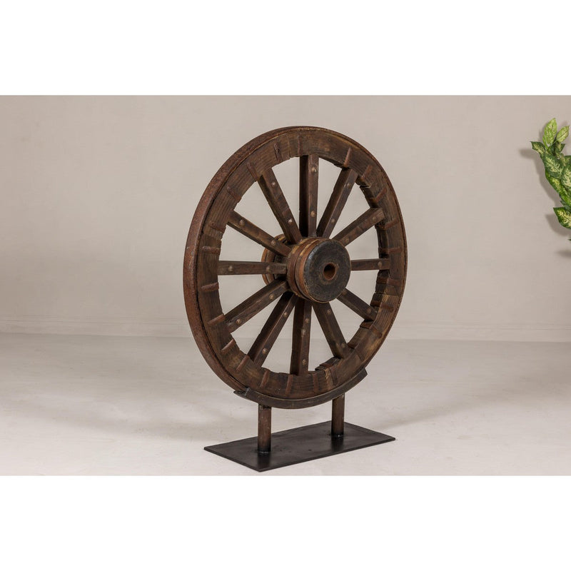 Large Wood and Metal Cart Wheel on Custom Base-YN8041-2. Asian & Chinese Furniture, Art, Antiques, Vintage Home Décor for sale at FEA Home