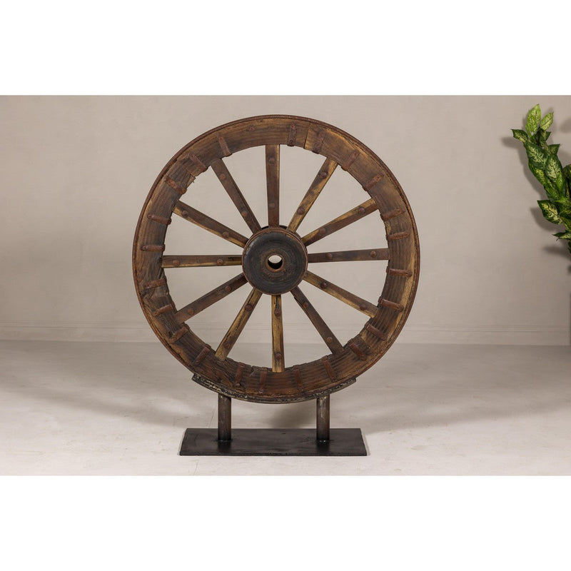 Large Wood and Metal Cart Wheel on Custom Base-YN8041-11. Asian & Chinese Furniture, Art, Antiques, Vintage Home Décor for sale at FEA Home