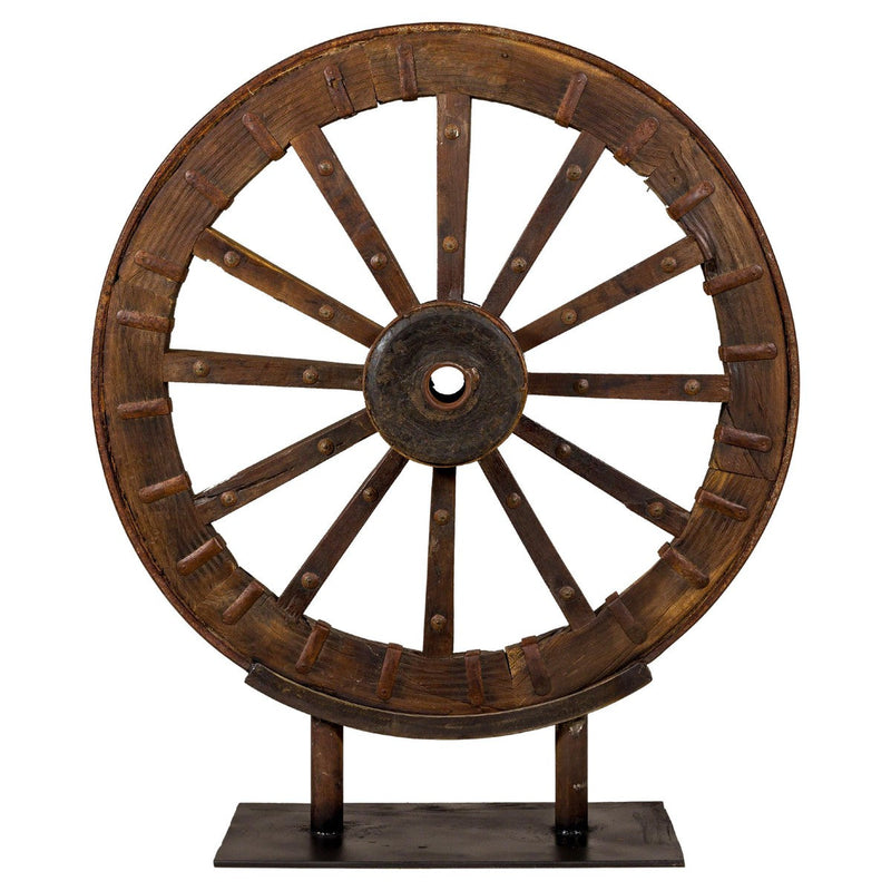 Large Wood and Metal Cart Wheel on Custom Base-YN8041-12. Asian & Chinese Furniture, Art, Antiques, Vintage Home Décor for sale at FEA Home