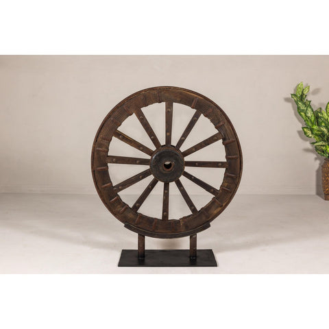 Large Wood and Metal Cart Wheel on Custom Base-YN8041-3. Asian & Chinese Furniture, Art, Antiques, Vintage Home Décor for sale at FEA Home