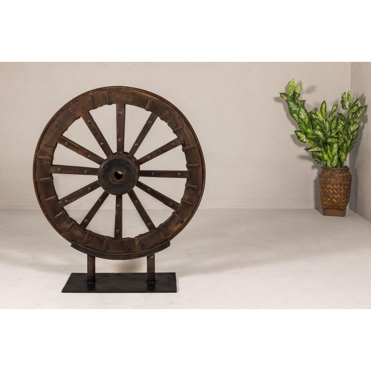 Large Wood and Metal Cart Wheel on Custom Base-4. Asian &amp; Chinese Furniture, Art, Antiques, Vintage Home Décor for sale at FEA Home