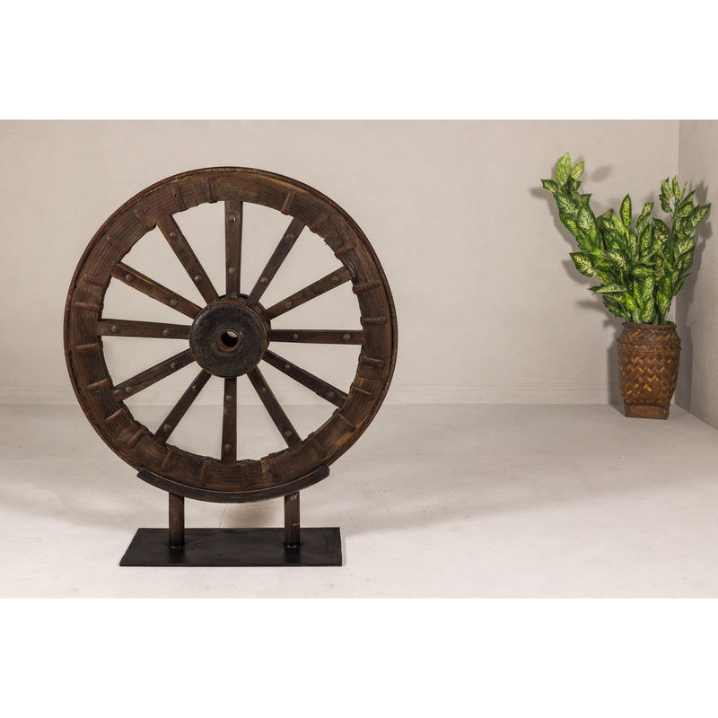 Large Wood and Metal Cart Wheel on Custom Base-YN8041-4. Asian & Chinese Furniture, Art, Antiques, Vintage Home Décor for sale at FEA Home