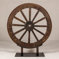 Large Wood and Metal Cart Wheel on Custom Base