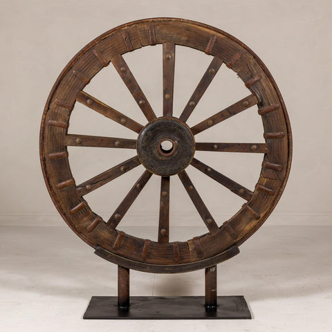 Large Wood and Metal Cart Wheel on Custom Base-YN8041-1. Asian & Chinese Furniture, Art, Antiques, Vintage Home Décor for sale at FEA Home