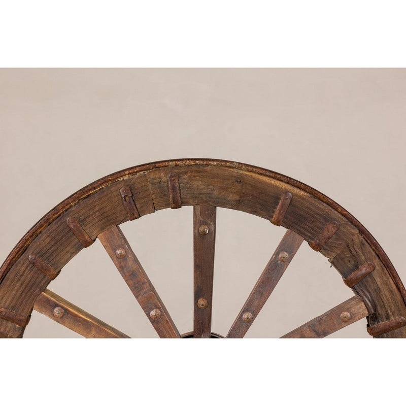 Large Wood and Metal Cart Wheel on Custom Base-YN8041-5. Asian & Chinese Furniture, Art, Antiques, Vintage Home Décor for sale at FEA Home
