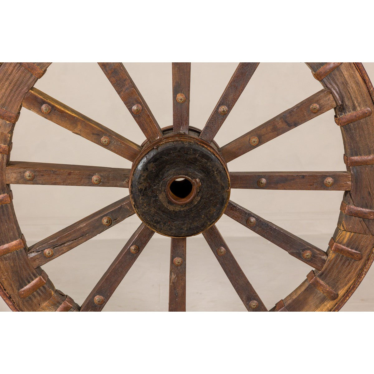 Large Wood and Metal Cart Wheel on Custom Base-6. Asian &amp; Chinese Furniture, Art, Antiques, Vintage Home Décor for sale at FEA Home