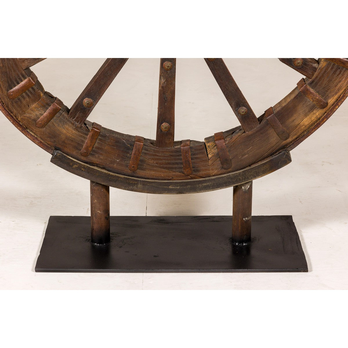 Large Wood and Metal Cart Wheel on Custom Base-7. Asian &amp; Chinese Furniture, Art, Antiques, Vintage Home Décor for sale at FEA Home