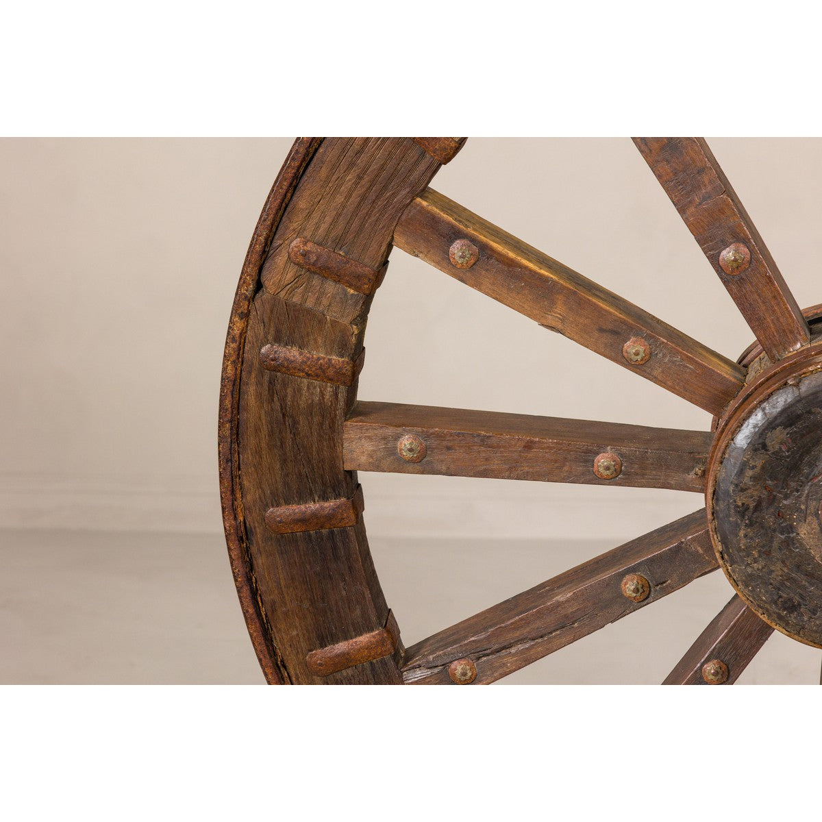 Large Wood and Metal Cart Wheel on Custom Base-8. Asian &amp; Chinese Furniture, Art, Antiques, Vintage Home Décor for sale at FEA Home