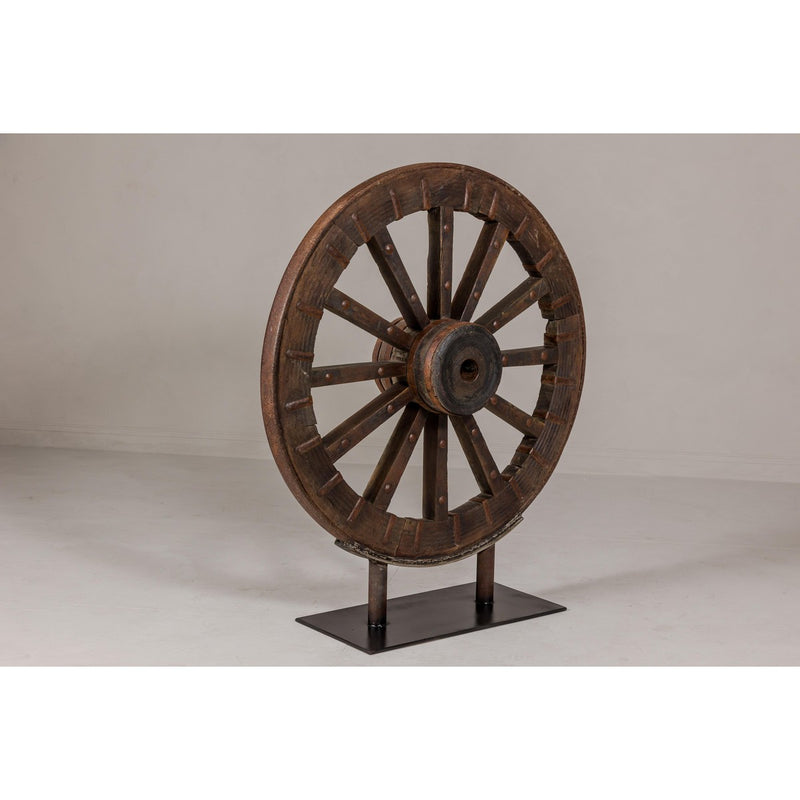 Antique Mounted Wood and Metal Wheel Welded to a Custom Metal Base-YN8042-10. Asian & Chinese Furniture, Art, Antiques, Vintage Home Décor for sale at FEA Home