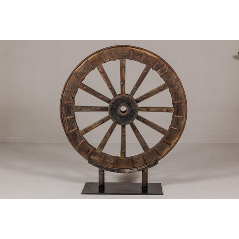 Antique Mounted Wood and Metal Wheel Welded to a Custom Metal Base-YN8042-12. Asian & Chinese Furniture, Art, Antiques, Vintage Home Décor for sale at FEA Home