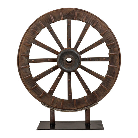 Antique Mounted Wood and Metal Wheel Welded to a Custom Metal Base-YN8042-14. Asian & Chinese Furniture, Art, Antiques, Vintage Home Décor for sale at FEA Home