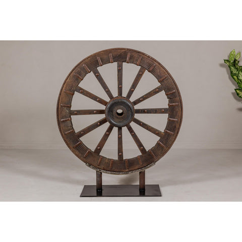 Antique Mounted Wood and Metal Wheel Welded to a Custom Metal Base-YN8042-2. Asian & Chinese Furniture, Art, Antiques, Vintage Home Décor for sale at FEA Home