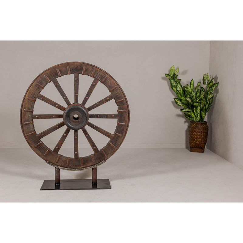 Antique Mounted Wood and Metal Wheel Welded to a Custom Metal Base-YN8042-3. Asian & Chinese Furniture, Art, Antiques, Vintage Home Décor for sale at FEA Home