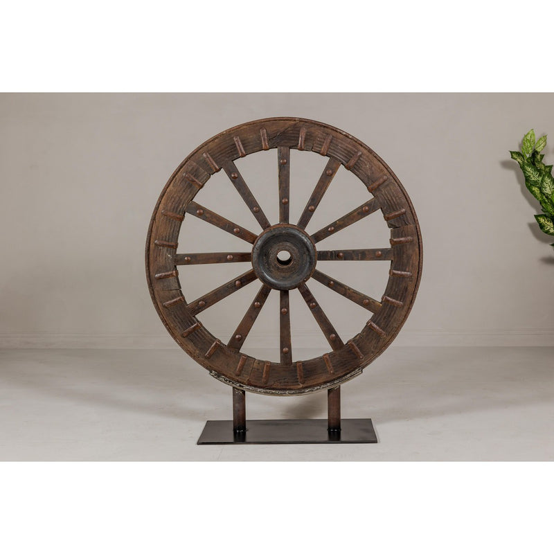 Antique Mounted Wood and Metal Wheel Welded to a Custom Metal Base-YN8042-4. Asian & Chinese Furniture, Art, Antiques, Vintage Home Décor for sale at FEA Home