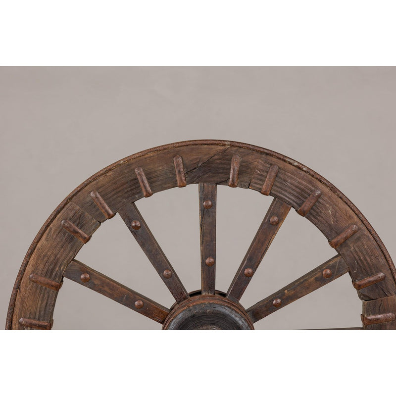 Antique Mounted Wood and Metal Wheel Welded to a Custom Metal Base-YN8042-5. Asian & Chinese Furniture, Art, Antiques, Vintage Home Décor for sale at FEA Home