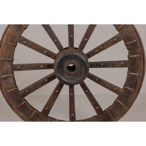 Antique Mounted Wood and Metal Wheel Welded to a Custom Metal Base-YN8042-6. Asian & Chinese Furniture, Art, Antiques, Vintage Home Décor for sale at FEA Home