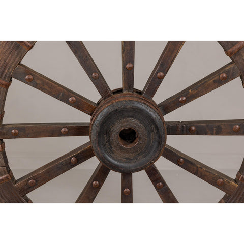 Antique Mounted Wood and Metal Wheel Welded to a Custom Metal Base-YN8042-8. Asian & Chinese Furniture, Art, Antiques, Vintage Home Décor for sale at FEA Home