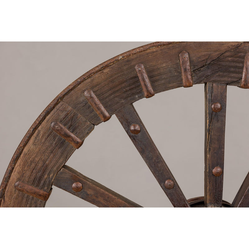 Antique Mounted Wood and Metal Wheel Welded to a Custom Metal Base-YN8042-9. Asian & Chinese Furniture, Art, Antiques, Vintage Home Décor for sale at FEA Home