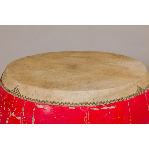 Red Lacquered Qing Dynasty Opera Drum End Table with Hide Top and Brass Studs