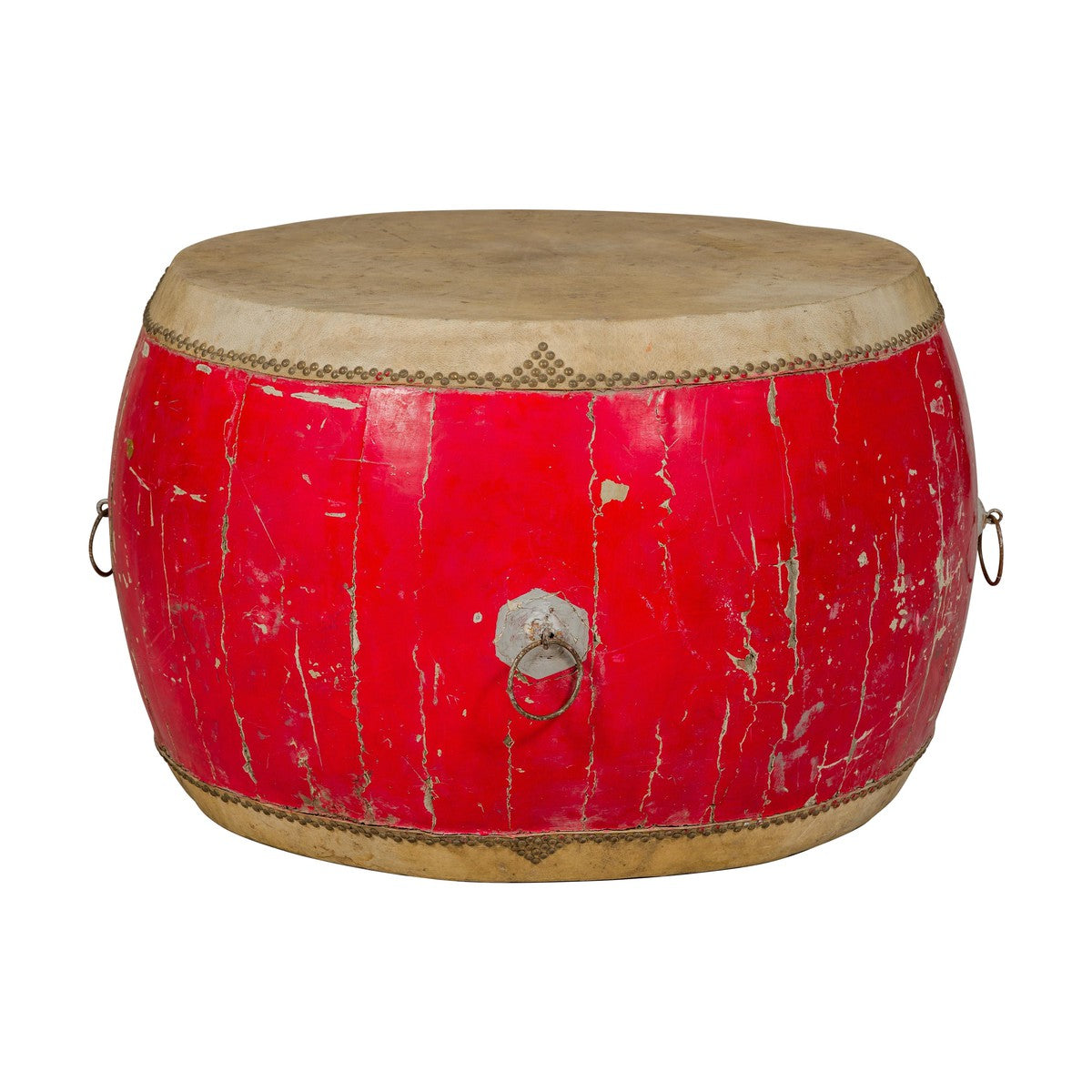 Red Lacquered Qing Dynasty Opera Drum End Table with Hide Top and Brass Studs-11. Asian &amp; Chinese Furniture, Art, Antiques, Vintage Home Décor for sale at FEA Home