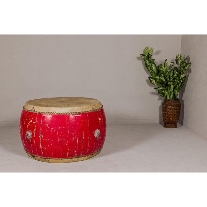 Red Lacquered Qing Dynasty Opera Drum End Table with Hide Top and Brass Studs-YN8044-2. Asian & Chinese Furniture, Art, Antiques, Vintage Home Décor for sale at FEA Home