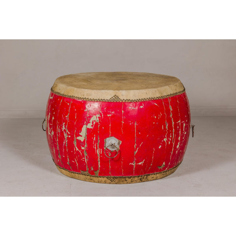 Red Lacquered Qing Dynasty Opera Drum End Table with Hide Top and Brass Studs-YN8044-3. Asian & Chinese Furniture, Art, Antiques, Vintage Home Décor for sale at FEA Home