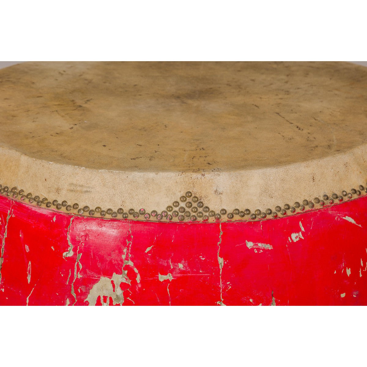 Red Lacquered Qing Dynasty Opera Drum End Table with Hide Top and Brass Studs-4. Asian &amp; Chinese Furniture, Art, Antiques, Vintage Home Décor for sale at FEA Home
