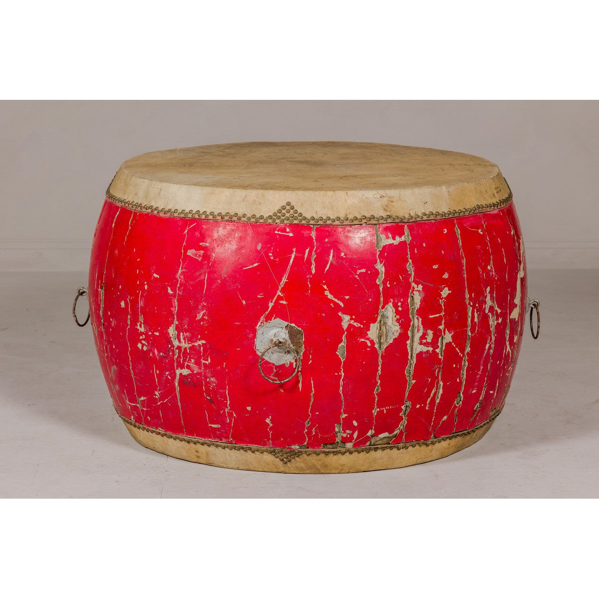Red Lacquered Qing Dynasty Opera Drum End Table with Hide Top and Brass Studs-5. Asian &amp; Chinese Furniture, Art, Antiques, Vintage Home Décor for sale at FEA Home