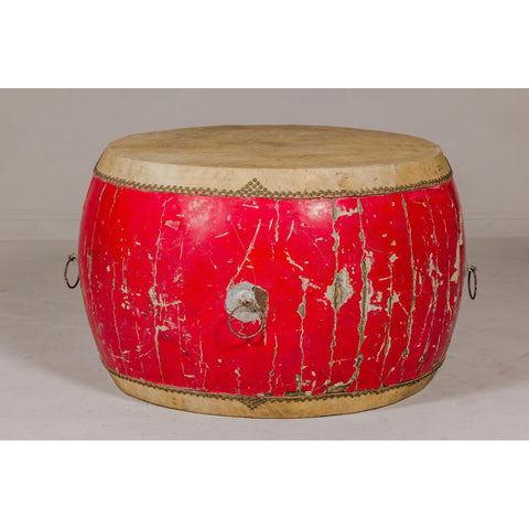 Red Lacquered Qing Dynasty Opera Drum End Table with Hide Top and Brass Studs-YN8044-5. Asian & Chinese Furniture, Art, Antiques, Vintage Home Décor for sale at FEA Home