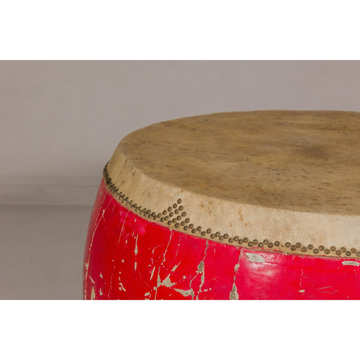 Red Lacquered Qing Dynasty Opera Drum End Table with Hide Top and Brass Studs-6. Asian &amp; Chinese Furniture, Art, Antiques, Vintage Home Décor for sale at FEA Home