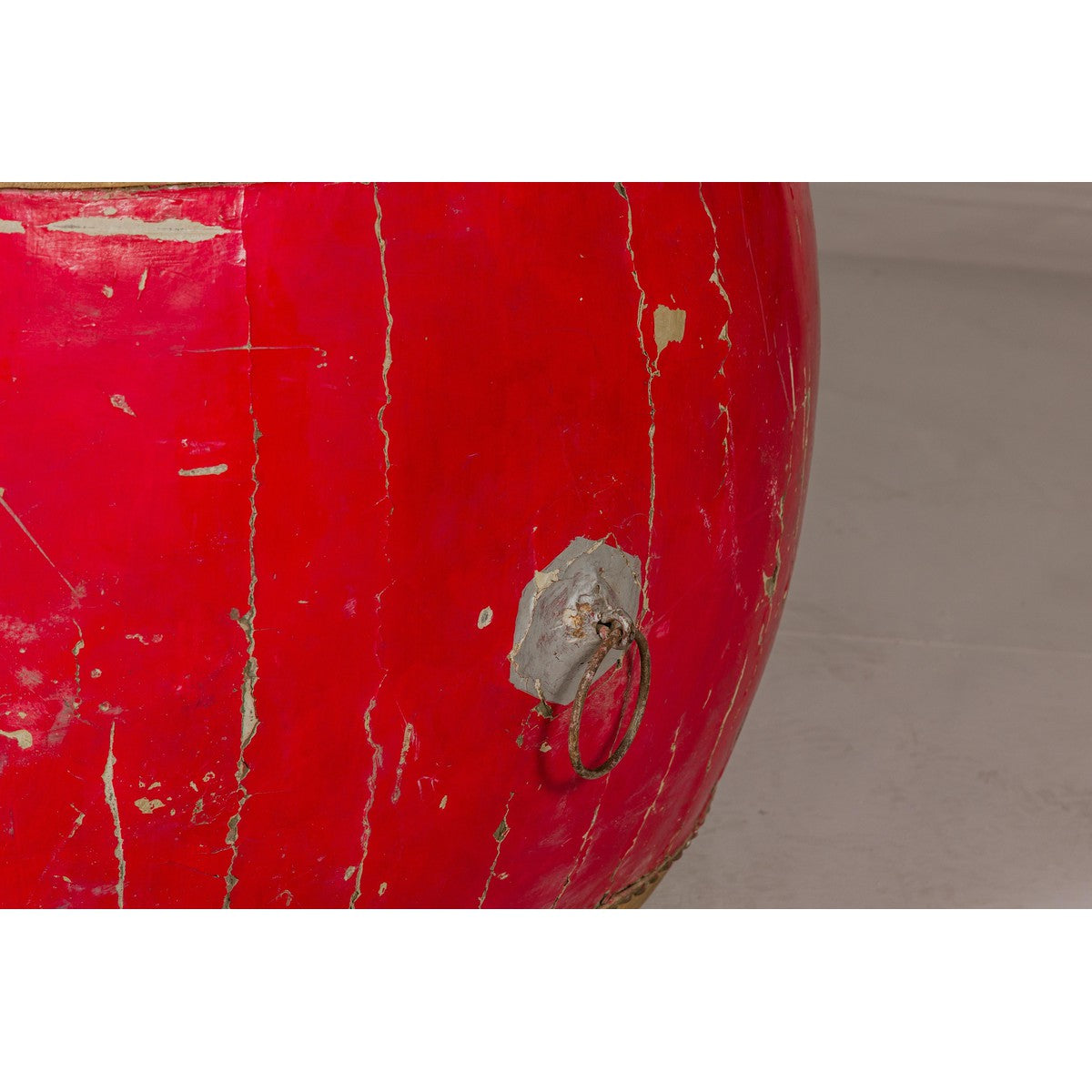 Red Lacquered Qing Dynasty Opera Drum End Table with Hide Top and Brass Studs-7. Asian &amp; Chinese Furniture, Art, Antiques, Vintage Home Décor for sale at FEA Home