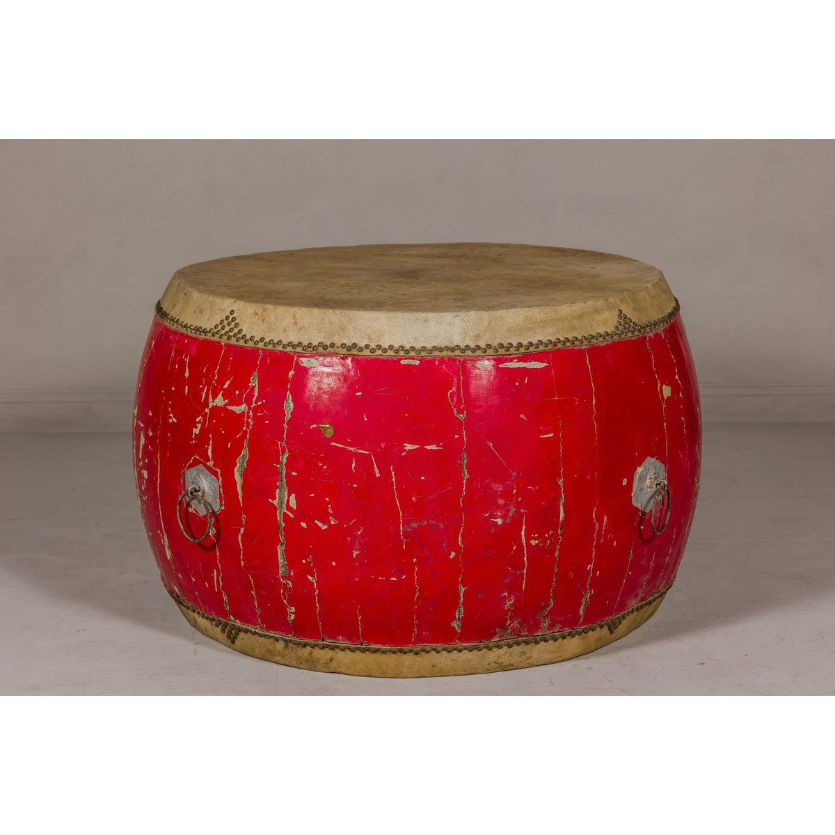 Red Lacquered Qing Dynasty Opera Drum End Table with Hide Top and Brass Studs-8. Asian &amp; Chinese Furniture, Art, Antiques, Vintage Home Décor for sale at FEA Home